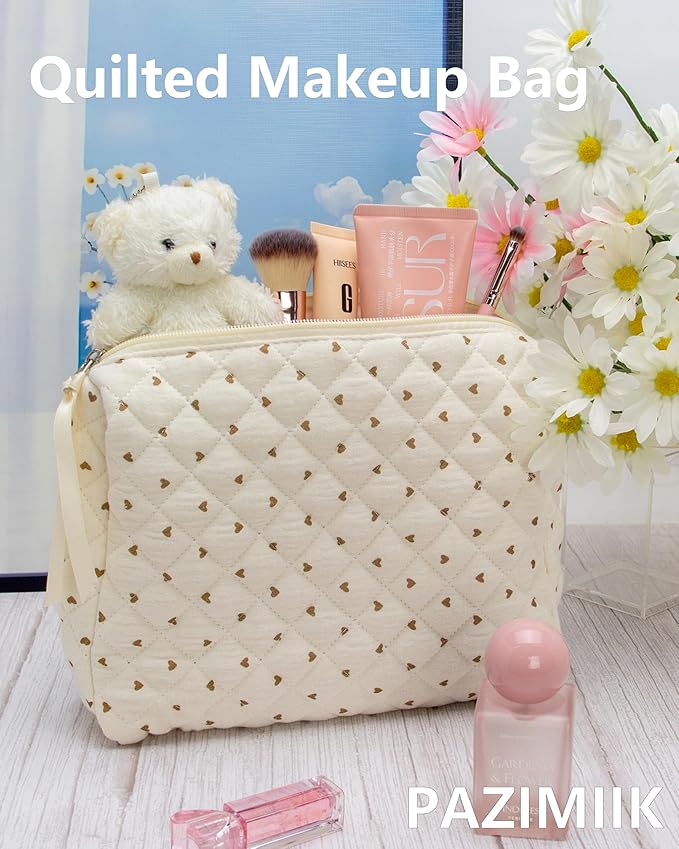Quilted Makeup Pouch for Women, Travel Cosmetic&Toiletry Bag,Gauze Heart