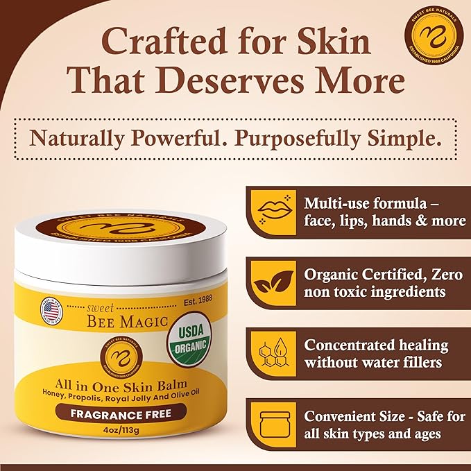 Sweet Bee Magic Organic Honey Bee Balm for Face, Skin & Body - All in One Honey Balm - Beeswax Body Moisturizer - All Natural Aid - 1 jar (4oz)