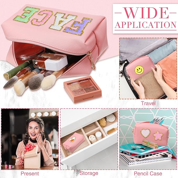 Sanwuta 9 Pcs Makeup Bags Bulk Bridesmaid Proposal Gifts Cosmetic Bags Preppy PU Leather Double Zipper Toiletry Pouch Portable Travel Organizer Case for Women Bachelorette Gift(Pink)