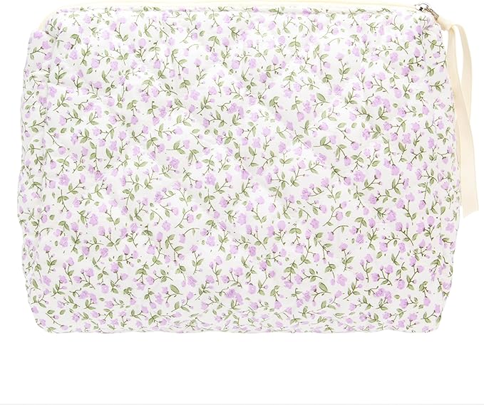 Quilted Makeup Pouch for Women, Travel Cosmetic&Toiletry Bag,Floral Purple