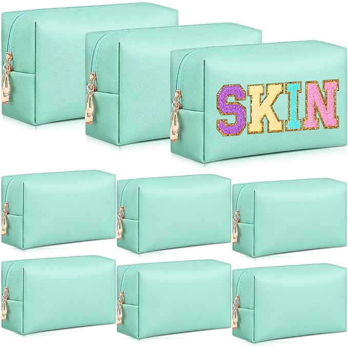 Sanwuta 9 Pcs Makeup Bags Bulk Bridesmaid Proposal Gifts Cosmetic Bags Preppy PU Leather Double Zipper Toiletry Pouch Portable Travel Organizer Case for Women Bachelorette Gift(Green)