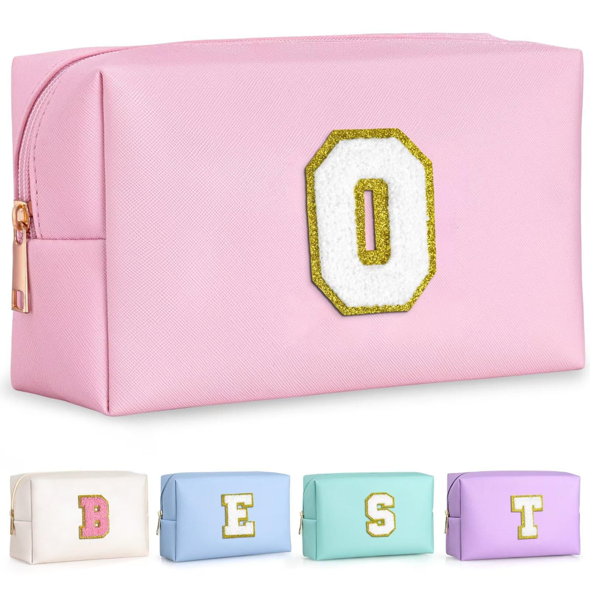 TOPEAST Small Makeup Bag Initial Cosmetic Bag Travel Toiletry Bag, Personalized Birthday Gift for Mom Sister Friends Teacher Nurse, Preppy Travel Stuff for Girls (Pink O)