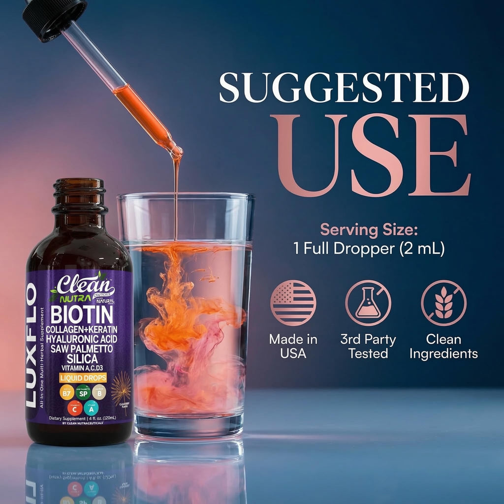 Liquid Biotin & Collagen Keratin Hyaluronic Acid Saw Palmetto Drops Vitamins for Hair Growth Support Silica Vitamin A C D Bamboo Turmeric Zinc Folate Magnesium Horsetail LuxFlo By Clean Nutra