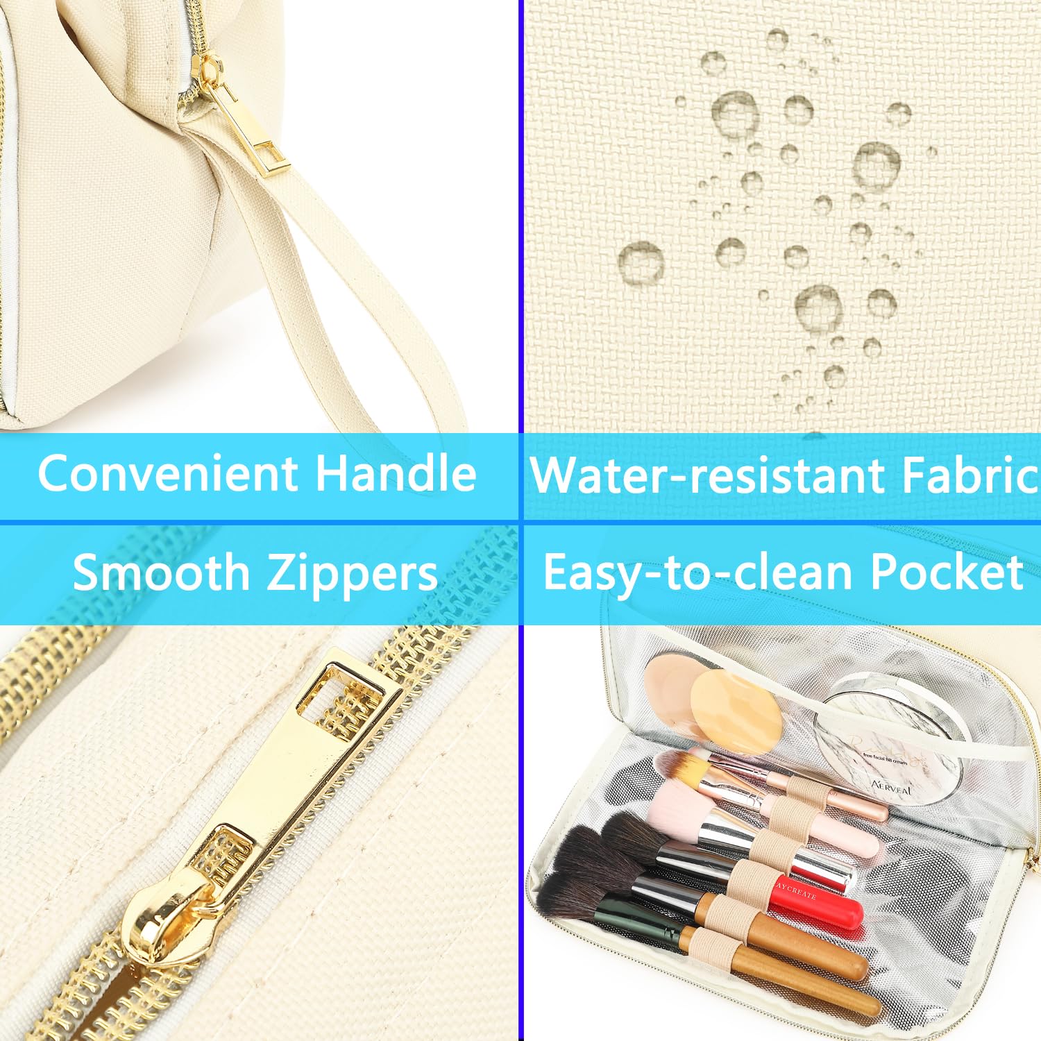 Fammart Travel Makeup Bag, Wide-open Cosmetic Bag Make Up Organizer Case with Brushes Pocket for Women, Large Family Toiletry Bag Skincare Pouch for Toiletries Accessories