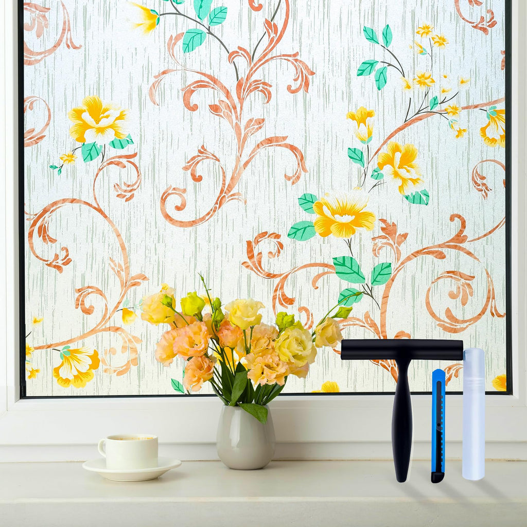 Volcanics Stained Glass Window Film, Frosted Glass Window Privacy Film, Decorative Window Clings, Floral Design Static Cling Sun Blocking Tint for Bathroom, 17.5 x 78.7 Inch
