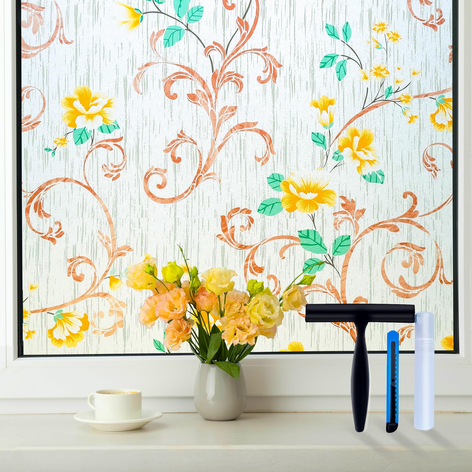 Volcanics Stained Glass Window Film, Frosted Glass Window Privacy Film, Decorative Window Clings, Floral Design Static Cling Sun Blocking Tint for Bathroom, 17.5 x 78.7 Inch