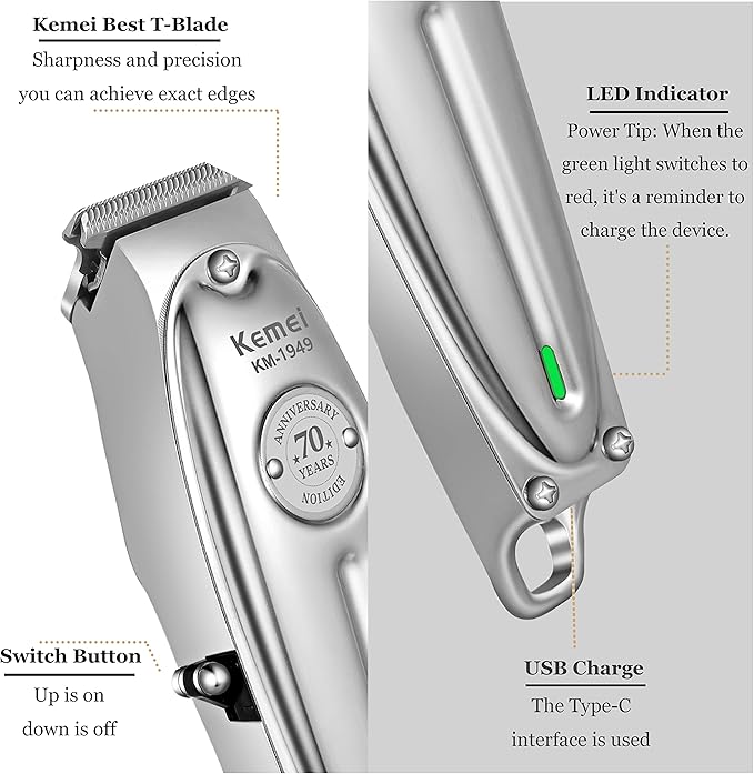 KEMEI Professional Beard & Hair Trimmer for Men Cordless T-Blade Trimmers