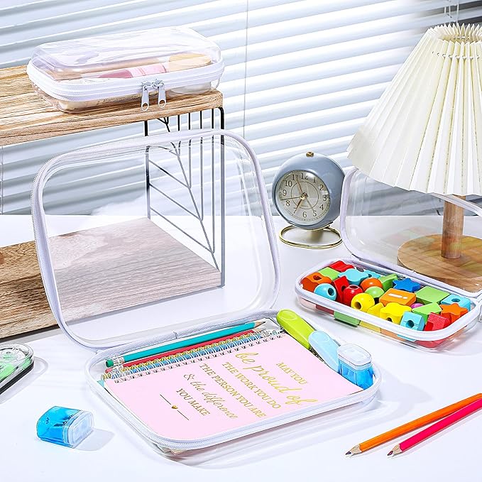 Hoolerry 3 Pcs Clear Hard Zipper Case Hard Plastic Zipper Pouch Makeup Bag Portable Travel Organizer for Cosmetics, Office Supplies, Documents & Toiletries(White,Mss)