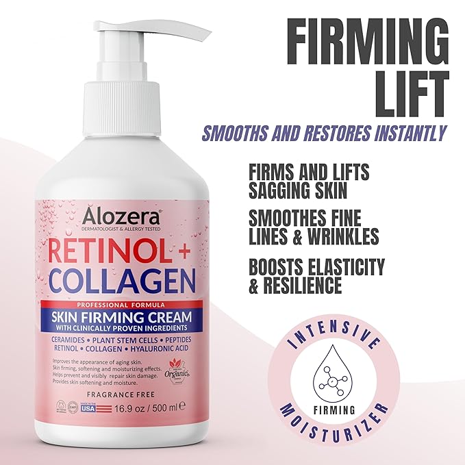 Alozera Firming Body Lotion with Retinol & Collagen, Anti-Aging Body Moisturizer Cream for Crepey Skin, Improves Skin Elasticity, Lightweight & Fast Absorbing, No Added Fragrance, 16.9 Ounce (2-Pack)