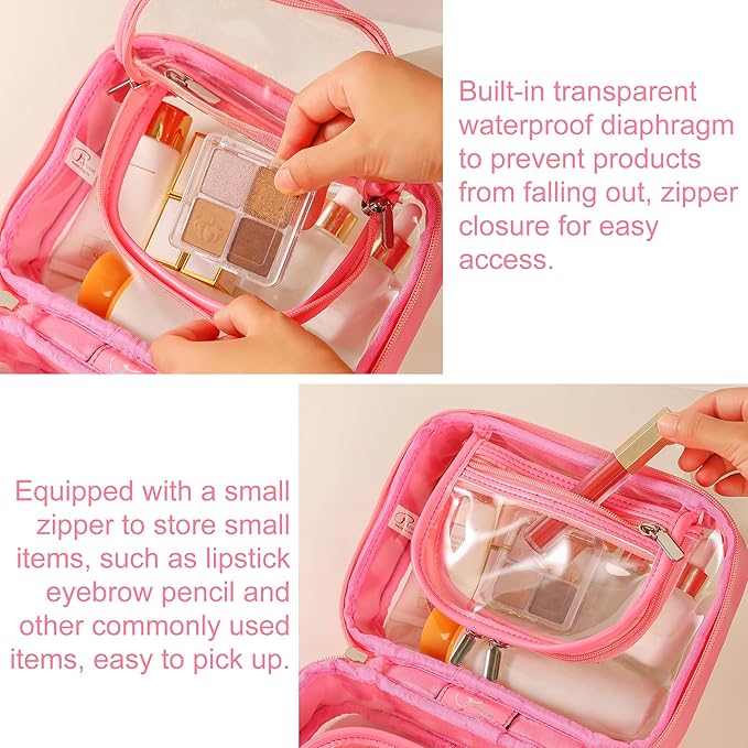 Veki TSA Approved Toiletry Bag Transparent Makeup Bags, Large Rose Red
