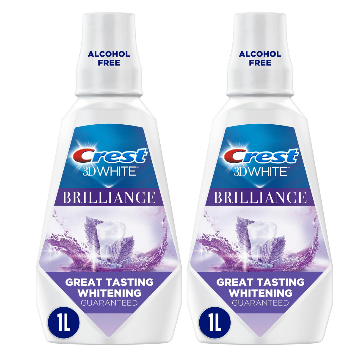 Crest Mouthwash/Mouth Rinse, 3D White Brilliance Whitening, Alcohol Free, Clean Mint, 2x1L (33.8 fl oz)