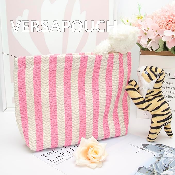 Flat Makeup Bag for Women,Zipper Cosmetic Pouch for Purse,Stripe Pink