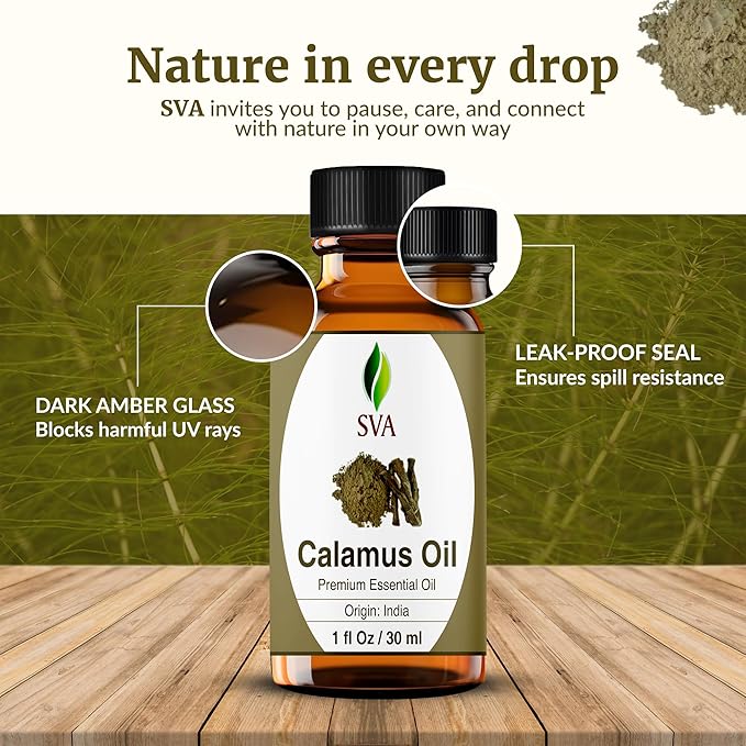 SVA Calamus Essential Oil 1 Fl Oz – for Diffuser, Skin & Hair Care – Ideal for Massage & DIY Blends - with Dropper