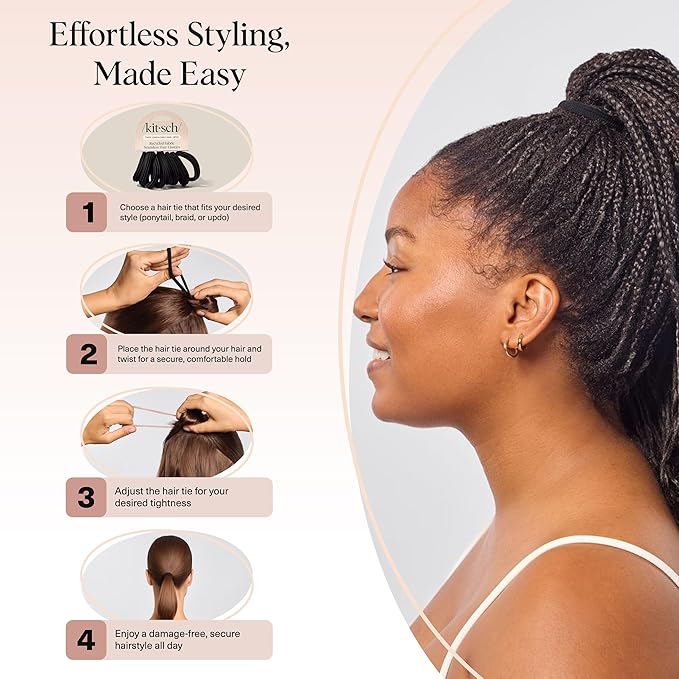 Kitsch Seamless Hair Ties No Damage - Stretchy Hair Bands - Black, 8pcs