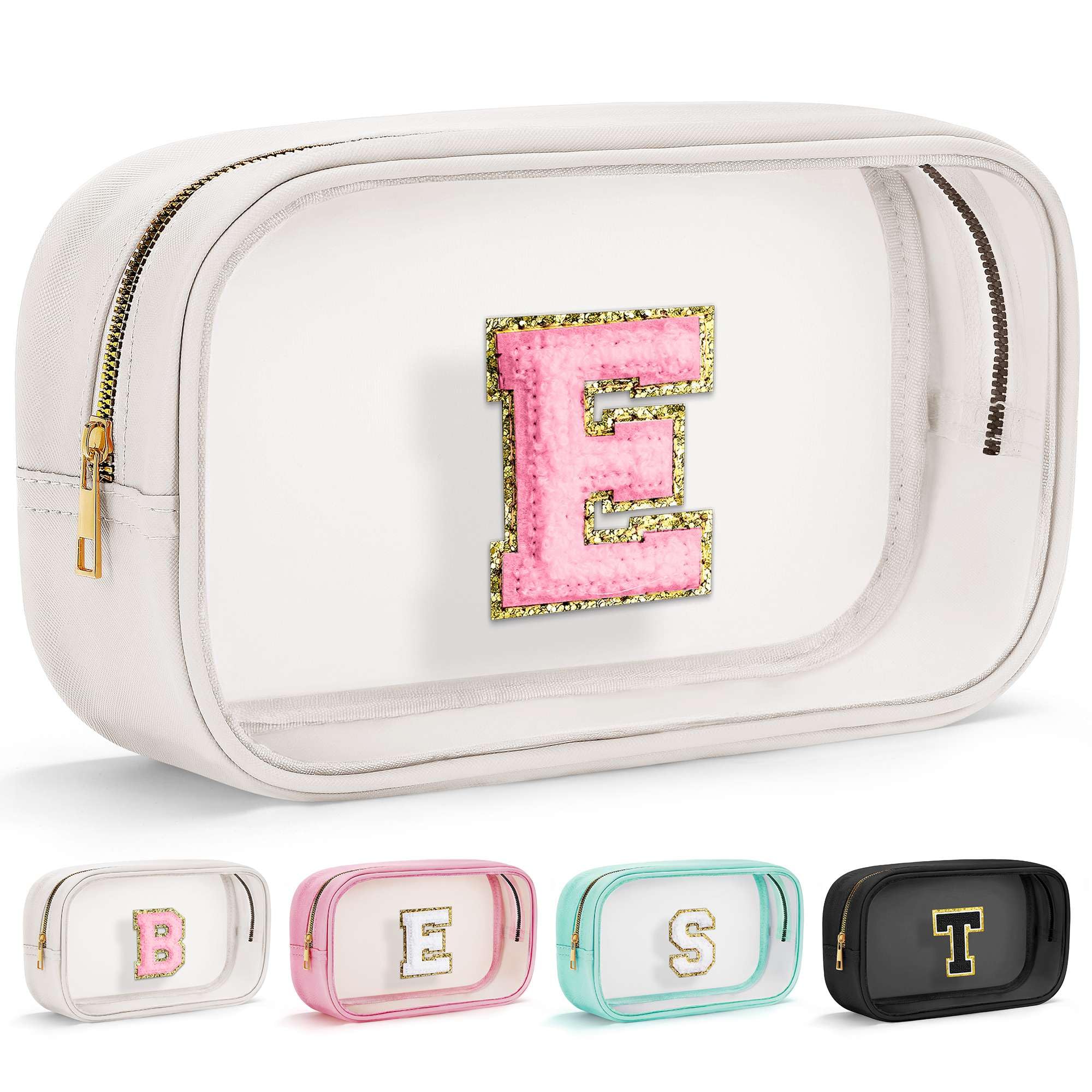 YOOLIFE Initial Make Up Bag Travel Toiletry Bag, Clear Makeup Bag Preppy Cosmetic Bags Organizer Travel Essentials Gifts for Women Teen Girlfriend Teacher Mom Birthday Mothers Day Gifts White E