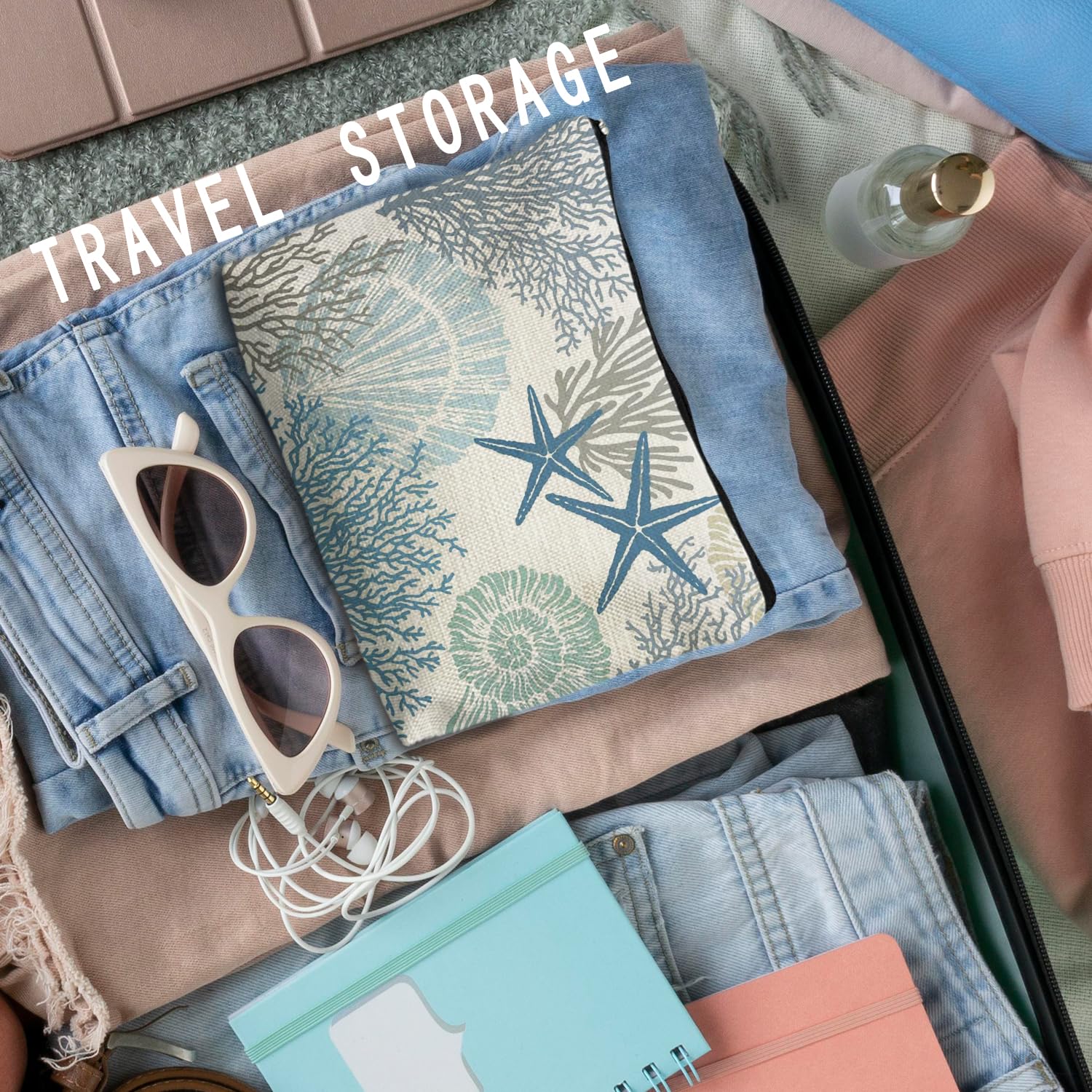 RYYCDOI Ocean Starfish Coral Seashell Beach Makeup Bag, Marine Life Sea Animals Cosmetic Bags for Women, Beach Vacation Gifts, Ocean Themed Gifts