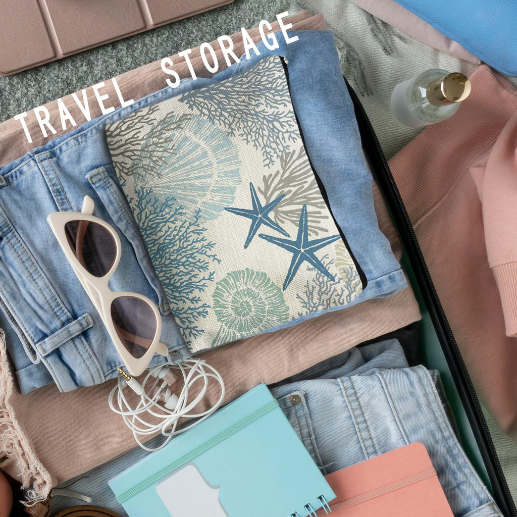 RYYCDOI Ocean Starfish Coral Seashell Beach Makeup Bag, Marine Life Sea Animals Cosmetic Bags for Women, Beach Vacation Gifts, Ocean Themed Gifts