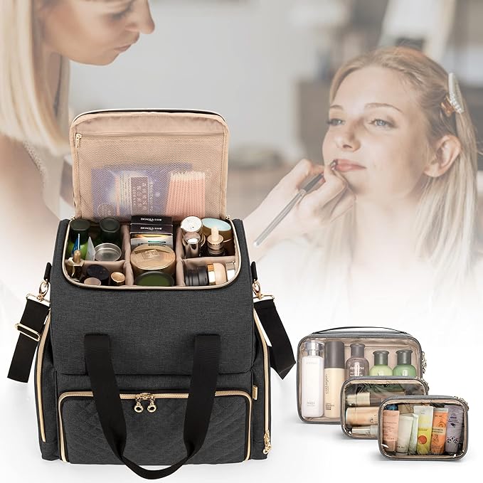 LUXJA Large Travel Makeup Bag with 3 Removable Makeup Cases, Black