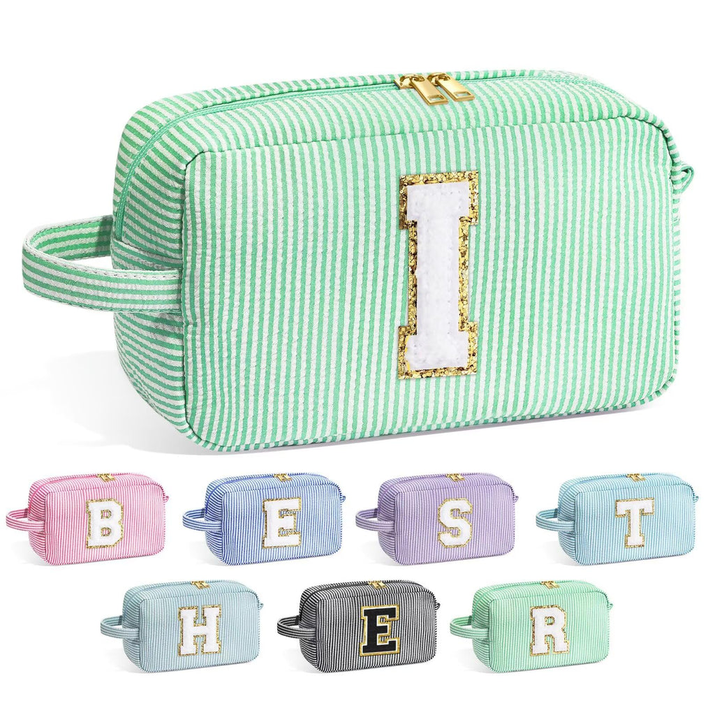 YOOLIFE Initial Cosmetic Bag for Women - Monogram Cute Makeup Bag Cosmetic Case Toiletry Pouch for Women Her Best Friend Sister Teacher, Personalized Birthday Gifts for Women, Light Green I