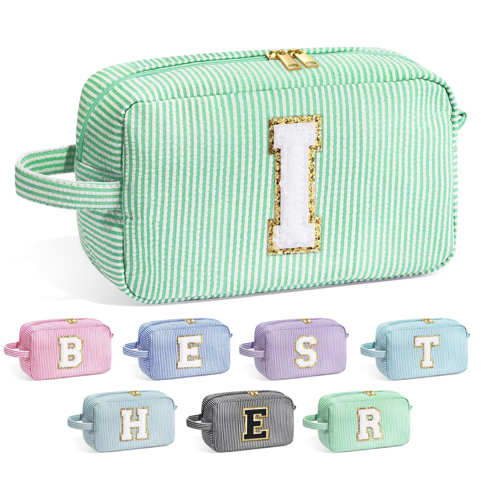 YOOLIFE Initial Cosmetic Bag for Women - Monogram Cute Makeup Bag Cosmetic Case Toiletry Pouch for Women Her Best Friend Sister Teacher, Personalized Birthday Gifts for Women, Light Green I
