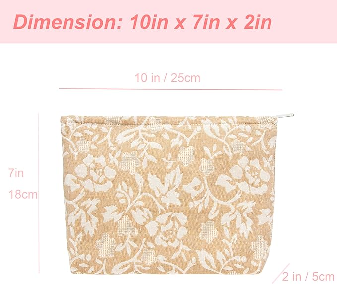 Flat Makeup Bag for Women,Zipper Cosmetic Pouch for Purse,Rose Linen