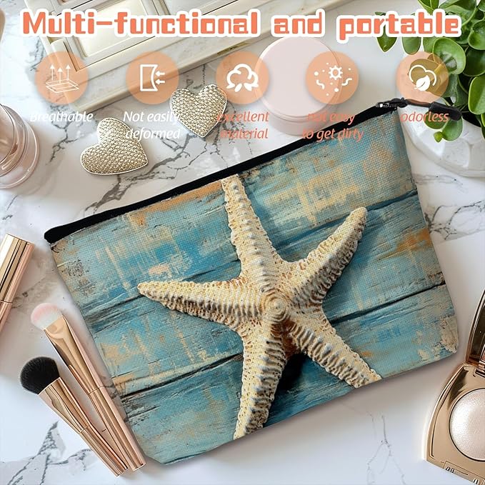 Scribesense Cosmetic Bags Travel Makeup Toilet Case Waterproof Pouch for Women Girls 6.7X9.45inches - Starfish on A Weathered Blue Wooden Board