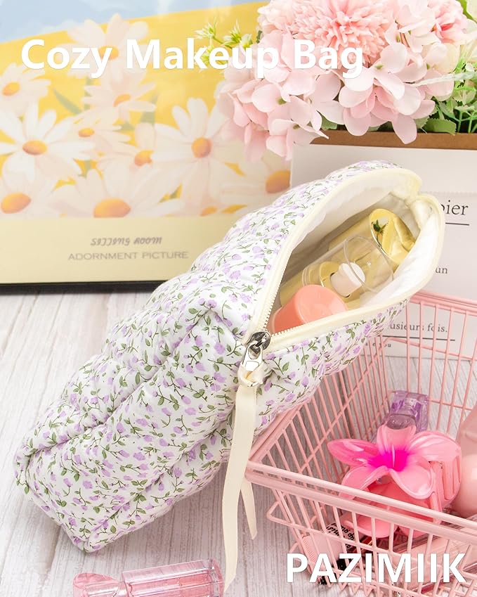 3 Piece Quilted Makeup Bag Set for Women,Cosmetic&Toiletry,Floral Purple