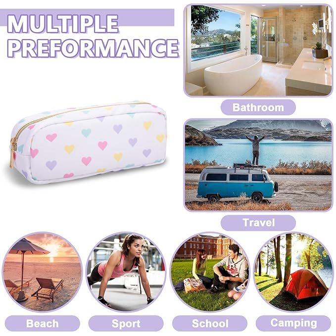 UIXIZQ Small Pencil Case Makeup Bag for Purse, Cute Pencil Pouch Nylon Preppy Makeup Brush Bag with Zipper, Girls Portable Stationery Storage Case for Office School College(Slim-White Heart)