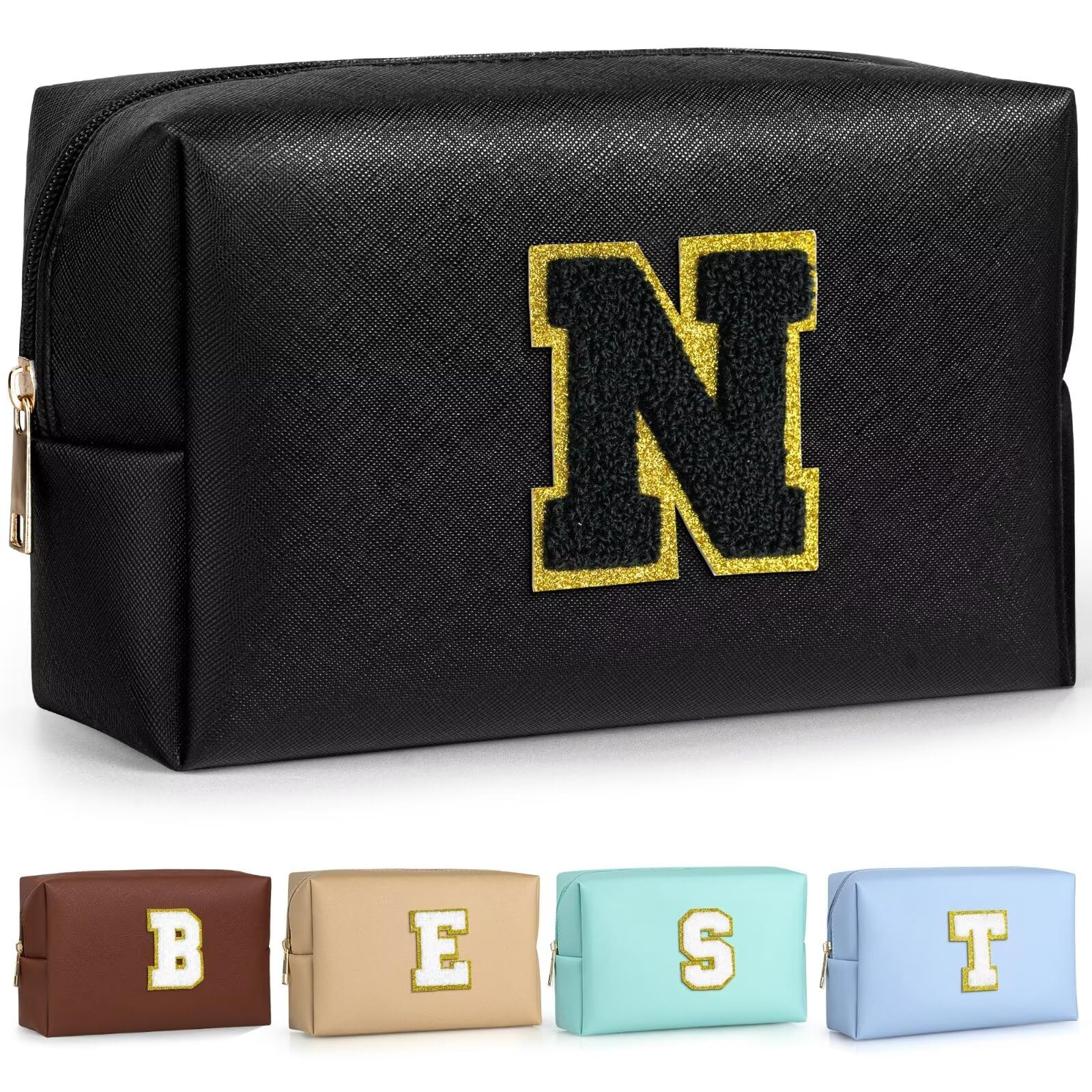 TOPEAST Preppy Stuff Cute Makeup Bag Small Cosmetic Bag Travel Toiletry Bag, Personalized Birthday Wedding Gifts for Mom Teacher Friends Bridesmaids, Preppy Travel Stuff for Girls (Black N)