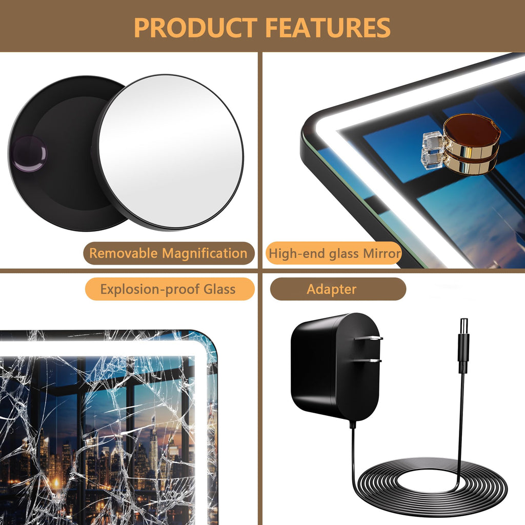 Hasipu Vanity Mirror with Lights and Bluetooth Speaker, 32" x 21.7" LED Makeup Mirror, Lighted Makeup Mirror with Dimmable 3 Modes, USB Charging Port, Round Black