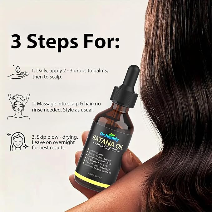 Dr. Healdy Batana Oil for Hair Growth, 100% Pure & Unrefined - Deep Repair Dry Damaged Hair, Reduce Frizz & Split Ends, Nourish Scalp with Omega 9 & Vitamin E, for All Hair Types (60ml 2.03Fl.Oz)