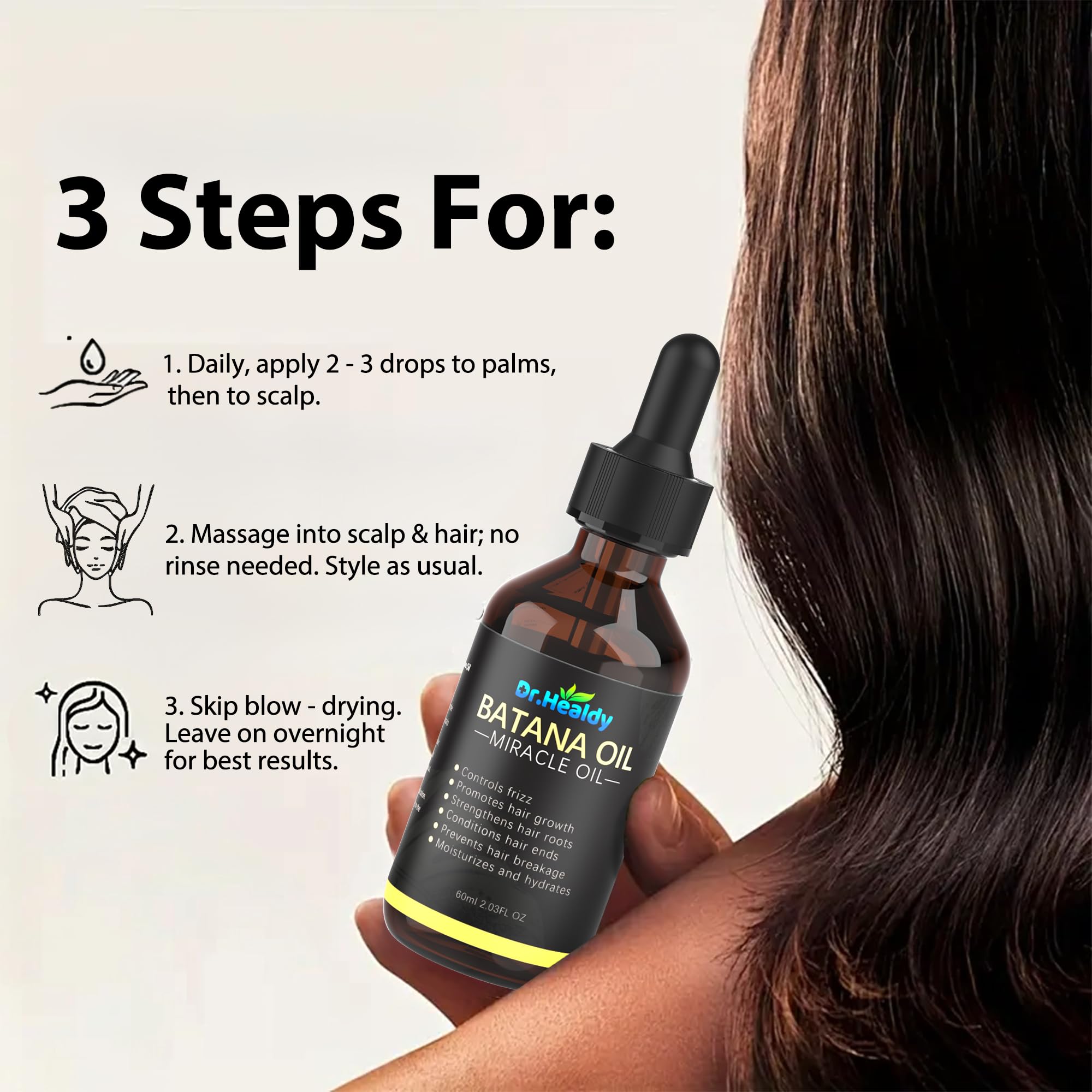 Dr. Healdy Batana Oil for Hair Growth, 100% Pure & Unrefined - Deep Repair Dry Damaged Hair, Reduce Frizz & Split Ends, Nourish Scalp with Omega 9 & Vitamin E, for All Hair Types (60ml 2.03Fl.Oz)