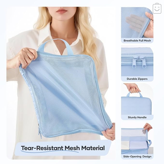 Veken 11 Set Compression Packing Cubes Garment Bags for Travel Essentials,Compressible Expandable Luggage Organizer Bags for Clothing,Space Saver Bags with Over 1000 pcs of Mesh Holes(Light Blue)