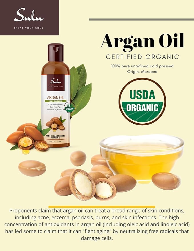 SULU ORGANICS 4 OUNCES Pure Certified Organic Cold Pressed Unrefined Extra Virgin Moroccan Argan Oil