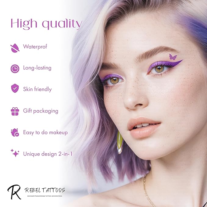 Rebel Tattoos 2-in-1 Eyeliner Stamp, Pigmented Intense Black Formula, Smudge-Budge Proof, Sweatproof, 24 Hour Stay Eyeliner Stamp (purple butterfy)