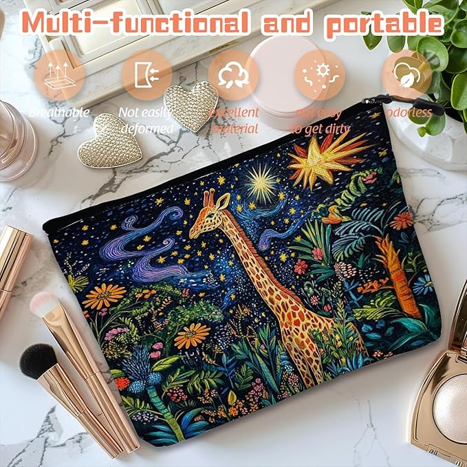 Scribesense Cosmetic Bags Travel Makeup Toilet Case Waterproof Pouch for Women Girls 6.7X9.45inches - Giraffe in A Starry Jungle in A Colorful Illustration