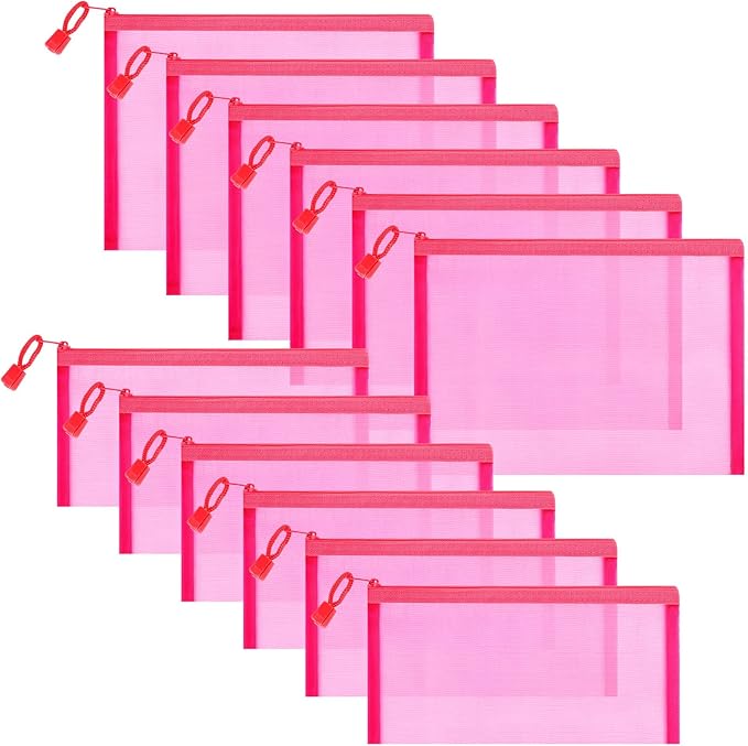 Sinzip 12 Pieces Zipper Nylon Mesh Pouch, Mesh Cosmetic Bags Makeup Bags Pencil Case, Multipurpose Travel Bags for Cosmetic School Office Supplies and Travel Accessories (Hot Pink, A5+B6)