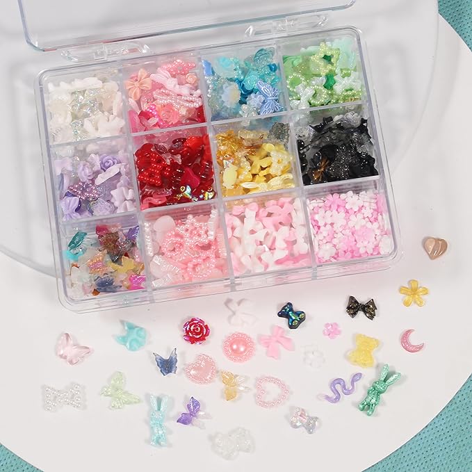 Artdone Nail Art Studs Glitter Kit, 2 Boxes Multicolor 3D Charms Flower Butterfly Snake Rabbit Diamond Cute Nail Jewels for DIY Decoration with Pickup Tools