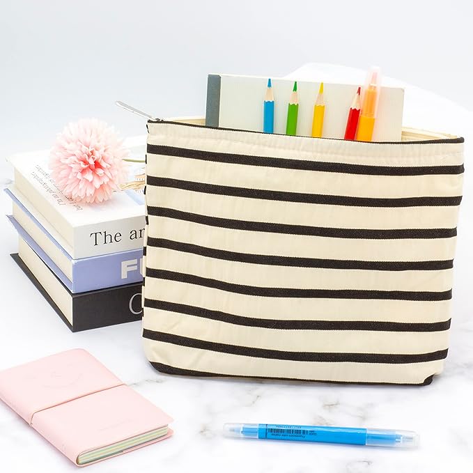 Flat Makeup Bag for Women,Zipper Cosmetic Pouch for Purse,Stripe White