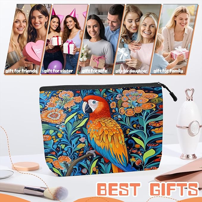 Scribesense Cosmetic Bags Travel Makeup Toilet Case Waterproof Pouch for Women Girls 6.7X9.45inches - Colorful Macaw Stands on Branch