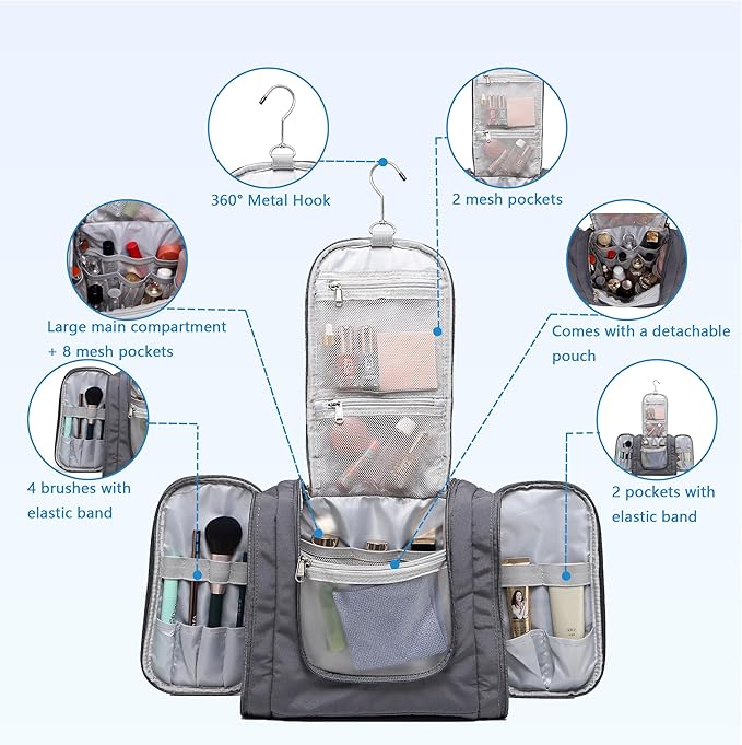 Hanging Travel Toiletry Bag for Men and Women with Metal Swivel Hook, Large Travel Makeup Organizer for Full Sized Cosmetics and Toiletries, Water-Resistant Bathroom Toiletry Bags, Grey