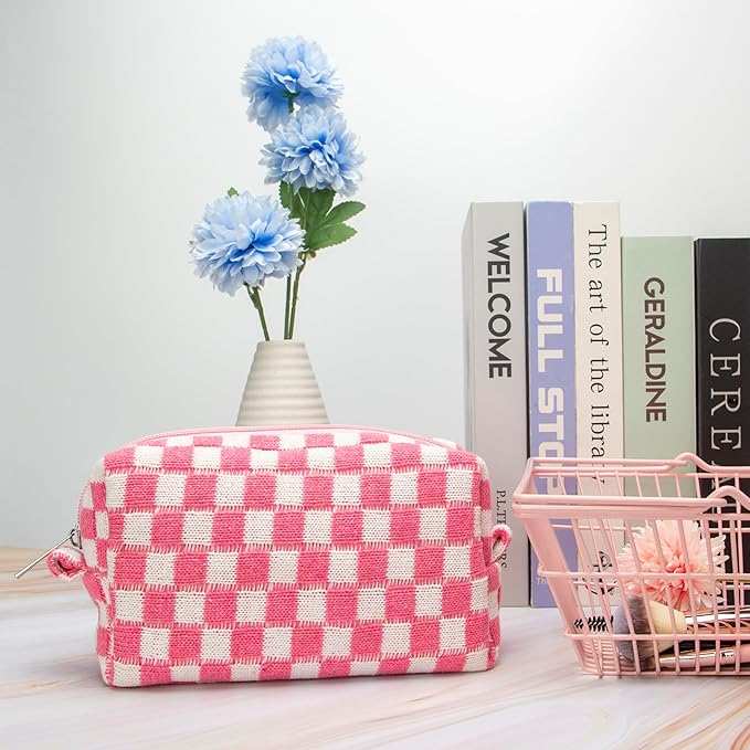 PAZIMIIK Checkered Makeup Bag for Purse, Small Travel Cosmetic Pouch,Pink