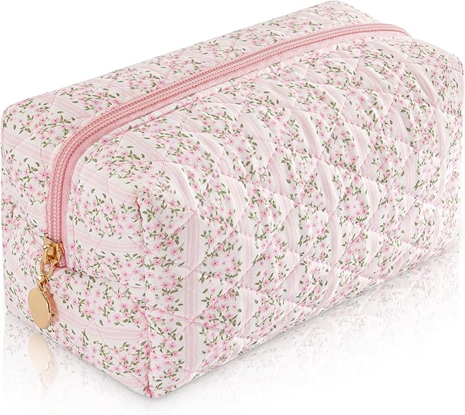 UUYUUY Makeup Bag Travel Toiletry Bag for Women, Small Cosmetic Bags Cute Quilted Cotton Makeup Pouch for Purse Emergency Bag Pencil Case Accessory Bag, Pastel Pink