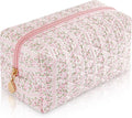 UUYUUY Makeup Bag Travel Toiletry Bag for Women, Small Cosmetic Bags Cute Quilted Cotton Makeup Pouch for Purse Emergency Bag Pencil Case Accessory Bag, Pastel Pink