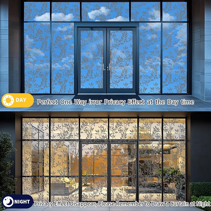 One Way Privacy Film, Window Tint for Home,Daytime Reflective, Anti UV Static Cling Sliding Door Coverings No Glue Garage Solar Paper (Black - Silver-Leaves, 35.4X 78.7 in)