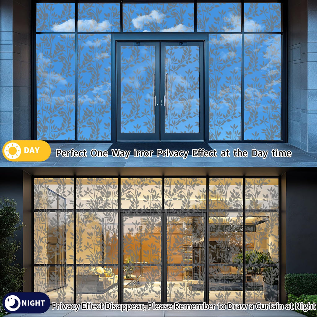 QHYsunshine One Way Privacy Film, Window Tint for Home,Daytime Reflective, Anti UV Static Cling Sliding Door Coverings No Glue Garage Solar Paper (Silver-Leaves, 23.6 x 78.7 in)