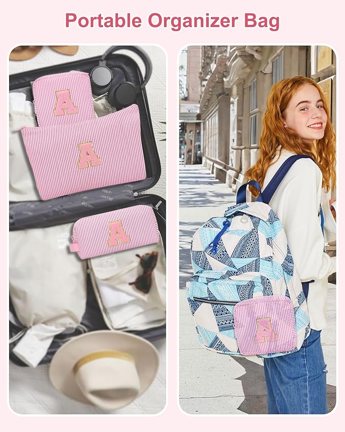 MONSTINA Initial Makeup Bag,Monogram Cosmetic Pouch,Personalized Make Up Case for Girlfriend Graduation Teacher Gifts,Cute Toiletry Bag Preppy Chenille Letter Patch,Pink A