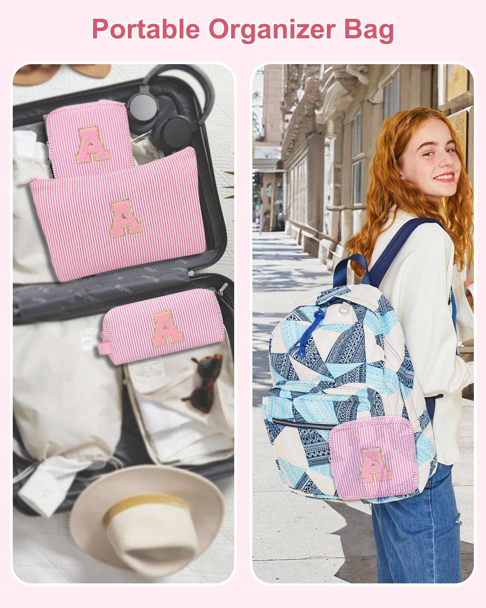 MONSTINA Personalized Initial Makeup Bag for Women,Monogram Make Up Case for Girlfriend Bridesmaid Wife,Birthday Gift for Her Cute Toiletry Bag,3PCS,Pink E