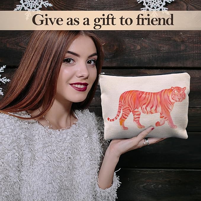 Likjad Preppy Tiger Makeup Bag, Trendy Pink and Orange Tiger Cosmetic Bags for Women, Tigers Gifts Makeup Pouch, Animal Lovers Gift Zipper Pouch