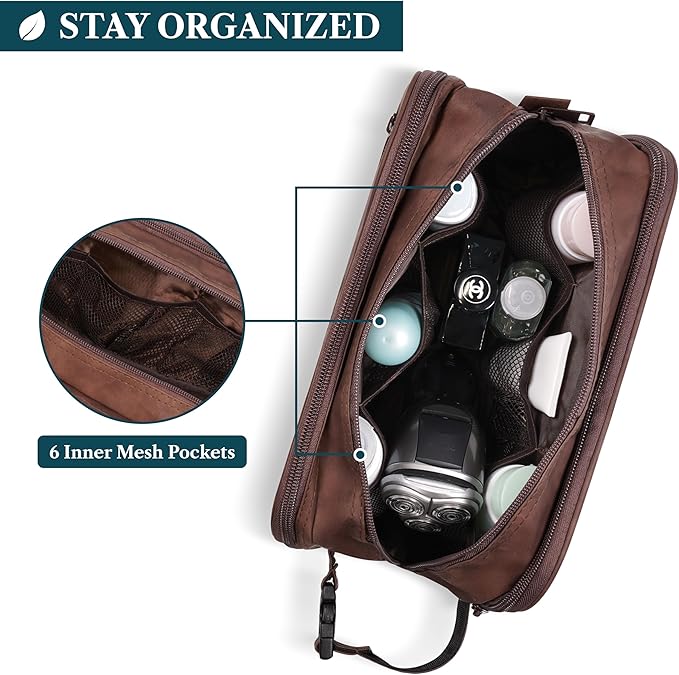 PAVILIA Toiletry Bag for Men, Travel Toiletries Bag | Water-resistant Dopp Kit, PU Leather Shaving Pouch Organizer for Accessories, Cosmetic, Hygiene, Grooming Essentials (XL, Dark Brown)